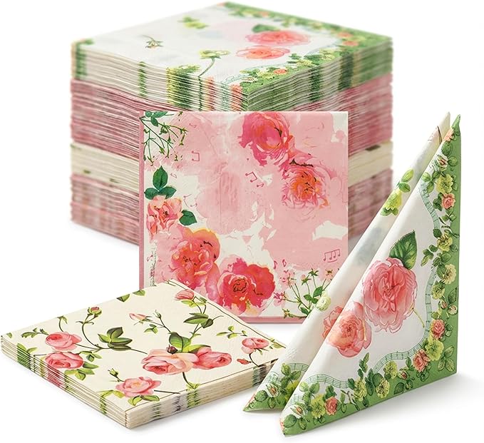 Floral Paper Napkins - 60 Count Napkins Disposable & Cocktail Napkins for Tea Party, Wedding & Baby Shower - Assorted Mixed Bouquet Party Napkins, Beverage Napkins Dinner Essentials