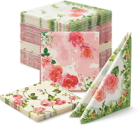 Floral Paper Napkins - 60 Count Napkins Disposable & Cocktail Napkins for Tea Party, Wedding & Baby Shower - Assorted Mixed Bouquet Party Napkins, Beverage Napkins Dinner Essentials