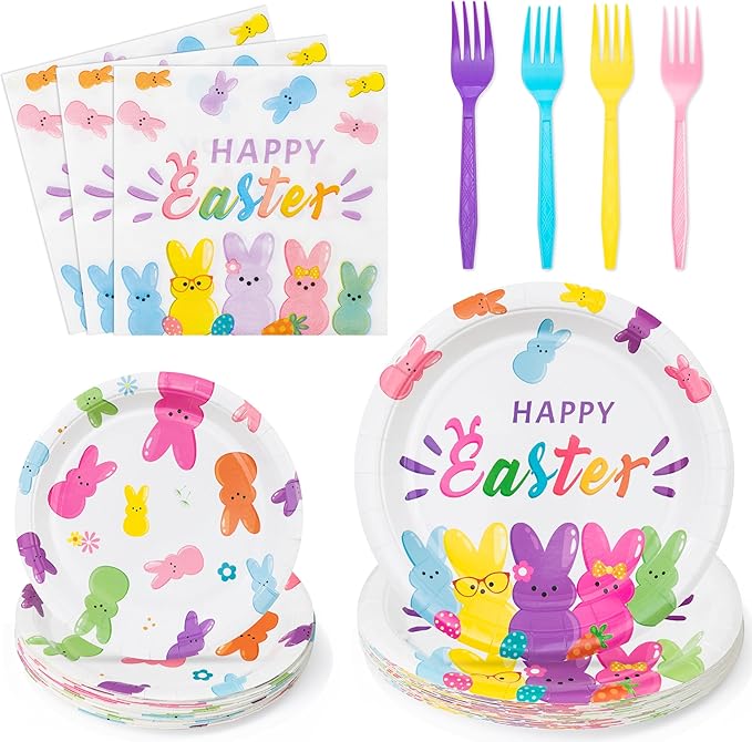 Easter Bunny Happy Easter Rabbits Party Plates Supplies - Serves 24-96Pcs Party Tableware Decorations Disposable Paper Plates Napkins Forks for Spring Birthday Baby Shower