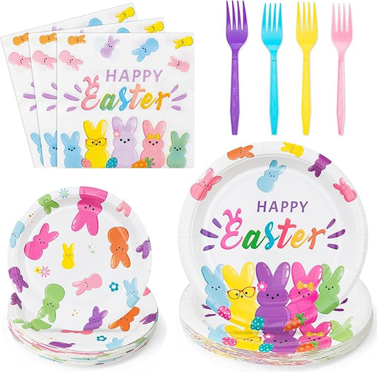 Easter Bunny Happy Easter Rabbits Party Plates Supplies - Serves 24-96Pcs Party Tableware Decorations Disposable Paper Plates Napkins Forks for Spring Birthday Baby Shower