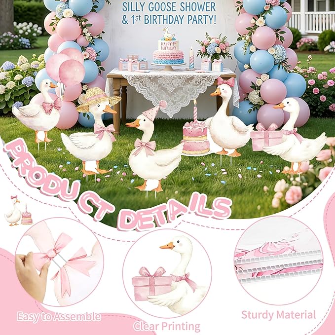 5Pcs Silly Goose Baby Shower Decorations, Pink Large Goose Cardboard Cutout Standup, Geese Birthday Party Sign for Photo Booth Props Backdrop Garden Entrance Decor Cartoon Party Supplies