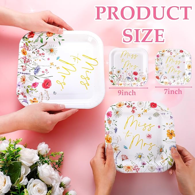 Umigy 100 Pcs Paper Plates Flower Dinner 9'' Floral Disposable Paper Plates 7'' Square Dessert Set for Dinner Birthday Wedding Baby Shower Party Tableware(Pink and Gold,Miss to Mrs)