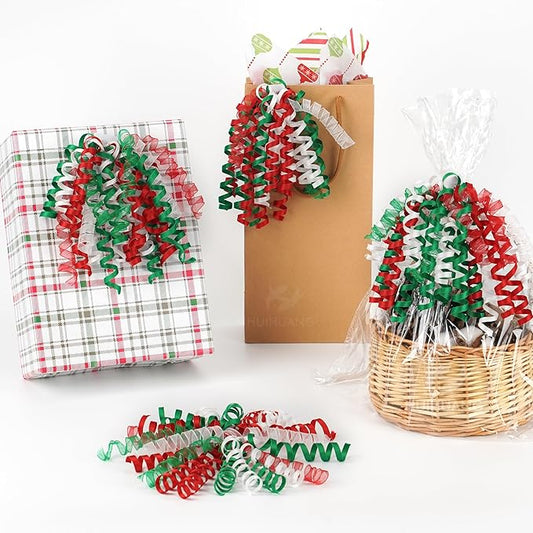 HUIHUANG Christmas Bows for Gift Wrapping Red/White/Green Curly Bows with Self Adhesive & Twist Tie, 7 inch X-mas Ribbon Bow for Presents, Gift Basket, Fall Decor, Party Favors- 6 Counts