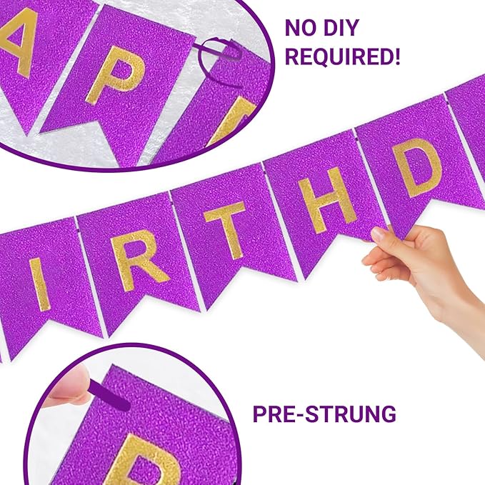 Purple Happy Birthday Banner - 16 ft Pre-Strung Gold Purple Birthday Party Decorations Sign for Girls, Boys, Kids, Women - No DIY Hanging Backdrop for Indoor & Outdoor Celebrations