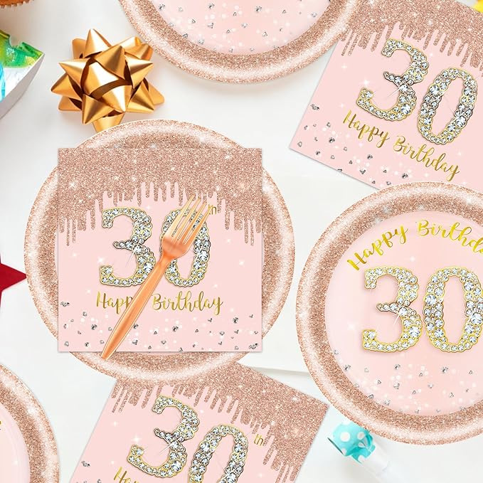 60 PCS 30th Birthday Decorations for Women, 30th Birthday Plates and Napkins Rose Gold Disposable Tableware Set Party Supplies for Women Cheers to 30 Years Anniversary (30TH)