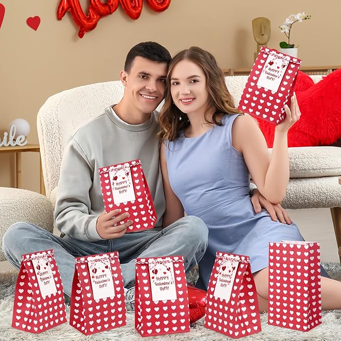 Fowecelt 24Pcs Valentines Day Gift Bags for Kids Red Party Favors Bags Goodie Snack Candy Paper Treat Bag with Cards for Valentines Party Favors Student Sclool Classroom Parties Decoration