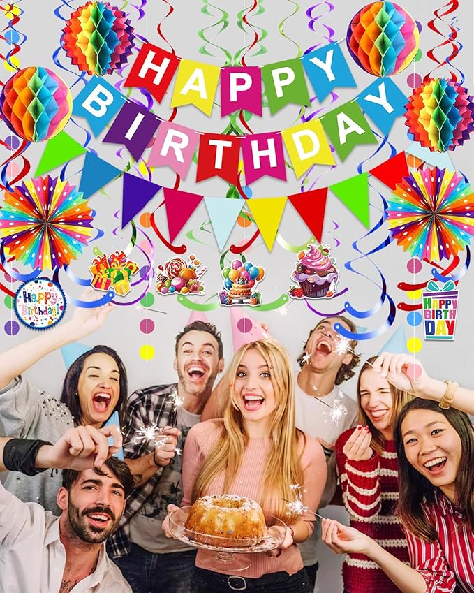 Pre-Strung Colorful Happy Birthday Banner Paper Triangle Flag Bunting Circle Confetti Dots Hanging Garland And Honeycomb Ball Swirl Streamers for Birthday Baby Shower Party Decoration