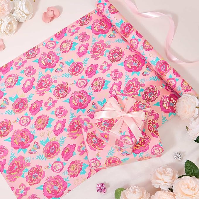 WERNNSAI Mothers Day Wrapping Paper - 1 Roll 17” x 33 ft Mother’s Day Wrapping Paper Pink Floral Gift Wraps Roll Pink Rose Metallic Foil Design for Women Mom Birthday