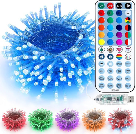 BrizLabs RGB String Lights, Color Changing Red White Blue Patriotic Lights, 100 LED 33ft USB Mini Christmas Light String Dimmable, Remote Twinkle Fairy Light Clear Wire for Xmas Halloween Party Room