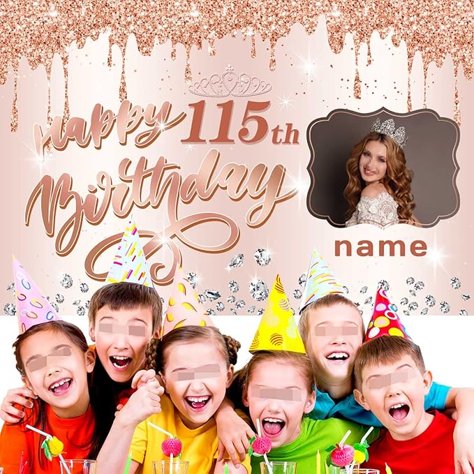 Customizable Rose Gold Happy 115th Birthday Decoration Banner - Personalized with Name and Photo