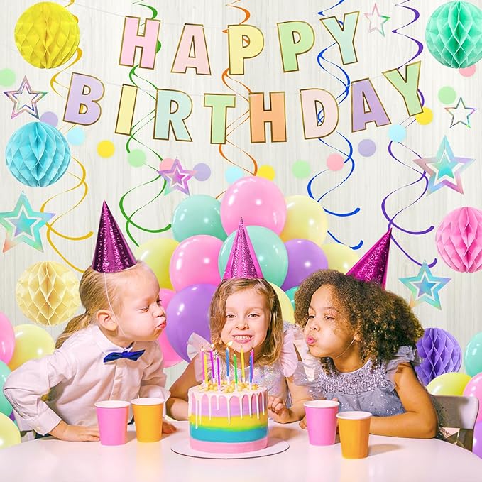 ZERODECO Birthday Decorations, Easy to Assemble Pastel Happy Birthday Banner with Honeycomb Ball, Balloon, Hanging Swirl Streamer, Garland, Happy Birthday Party Decorations for Women Girls Kids