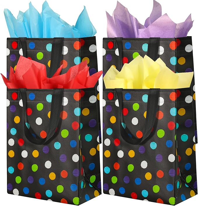 BLEWINDZ 16Pcs Reusable Gift Bags with Tissues - Black Medium Rainbow Polka Dot Party Favor Bags for Christmas, Birthday, Baby Shower, Grocery Shopping, Wedding