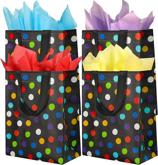 BLEWINDZ 16Pcs Reusable Gift Bags with Tissues - Black Medium Rainbow Polka Dot Party Favor Bags for Christmas, Birthday, Baby Shower, Grocery Shopping, Wedding