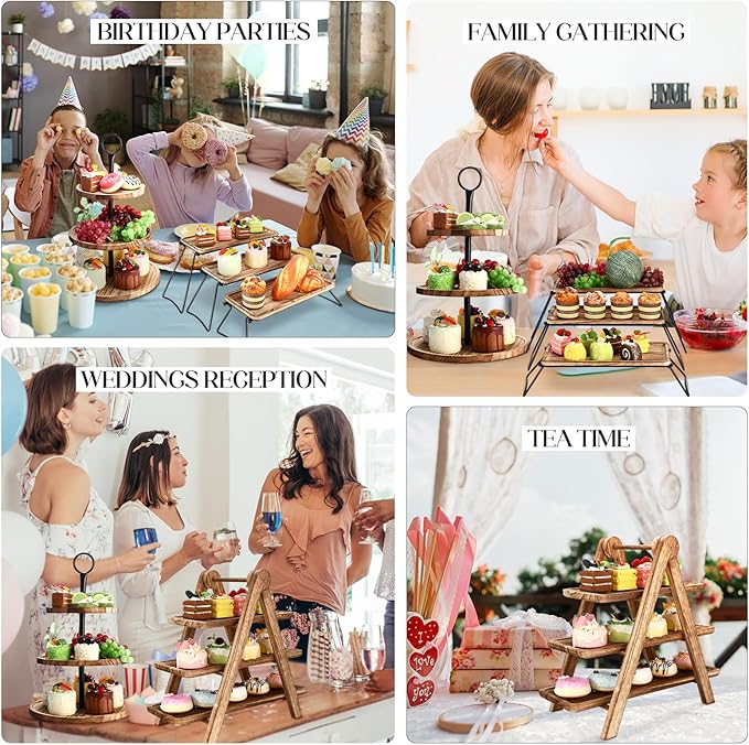 Wenqik Set of 3 Wood Cupcake Stand 3 Tiered Serving Tray Rustic Wooden Dessert Cake Stand Display Cookie Candy Buffet Holder for Tea Party Wedding Home Farmhouse Kitchen Decor