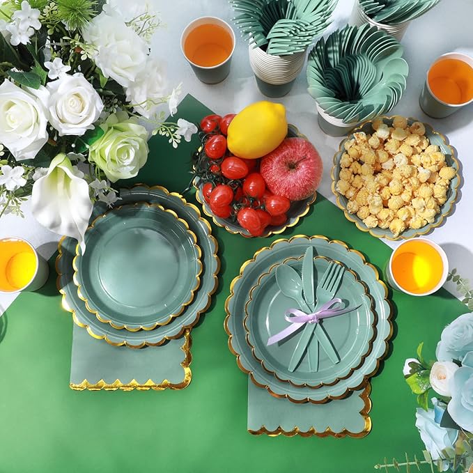 Ziliny Sage Green Plates and Napkins Party Supplies for Guests Woodland Baby Shower Tableware Include Scalloped Plates Paper Napkin Cup Spoon Fork Knife for Wedding, Birthday