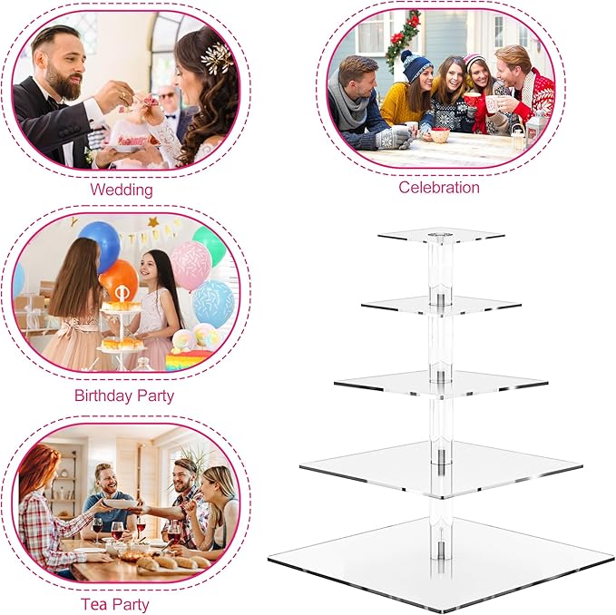 weddingwish 5 Tier Cupcake Stand, Acrylic Cupcake Tower Stand, Square Tiered Display Stand, Clear Dessert Table Display Stand for Wedding,Birthday,Party
