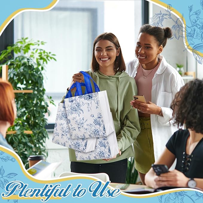 Sweetude 16 Pcs Bridesmaid Gift Bags Blue White Floral Gift Bags with Handle Flower Party Favor Non-woven Reusable Tote for Wedding Birthday Baby Shower Engagement DIY Shopping