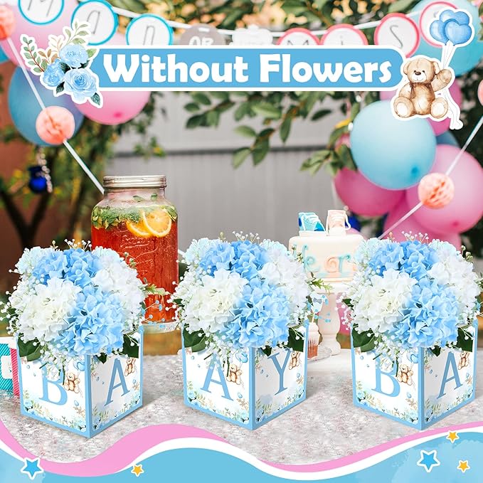 Bucherry 6 Pcs Baby Shower Centerpieces with Letters, 7" Baby Blocks Flower Boxes for Table Decorations, Gender Reveal Party Supplies & Photo Props(Blue,Blue Bear)