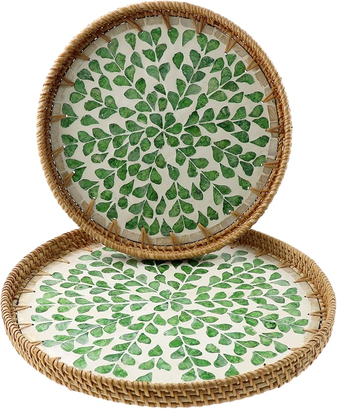 Round Rattan Tray with Mother of Pearl Inlay, Handwoven Wicker Coffee Table Serving Basket Tray for Fruit Snack Party Picnic Cafe Bedroom Kitchen Home Decor Set of 2 (Green Wicker)