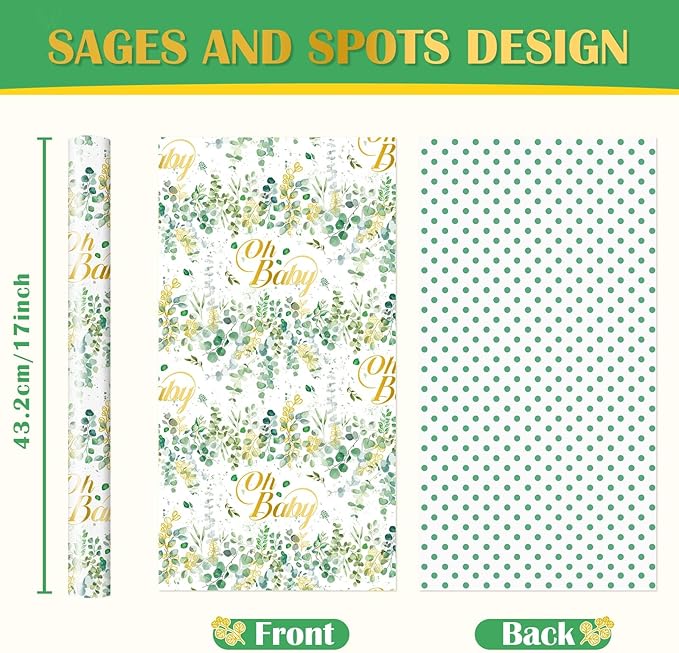 WERNNSAI Green Sage Wrapping Paper - 1 Roll 17”x 33 ft Baby Shower Wrapping Paper Green Flower Gift Packing Supply Wedding Bridal Shower Wrap Decor Favor for Baby Girls Birthday Festival Party