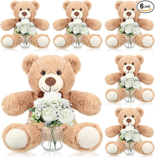 6 Set Baby Shower Bear Centerpieces for Tables Mason-Style Glass Jars with Artificial Peonies and Baby's Breath Rustic Table Decor for Gender Reveal Party Wedding (Brown)