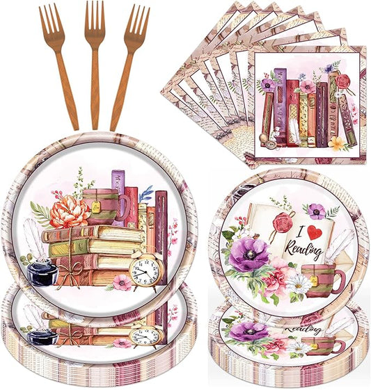 Book Themed Tableware Party Decorations, 96PCS Book Party Paper Plates Napkins Forks Supplies, Disposable Book Club Library Reading Party Plates Dinnerware Decor