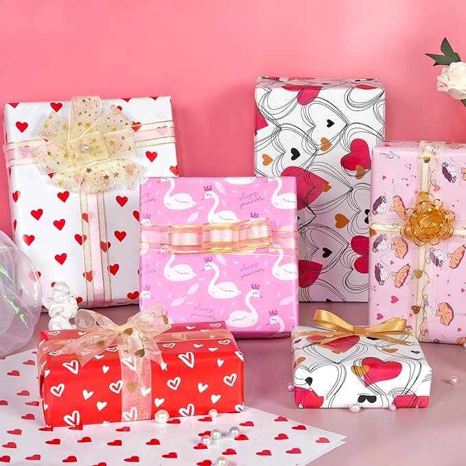 10 Sheets Pink Red Heart Birthday Gift Wrapping Paper, Valentine's Day Wrapping Paper Sheets for Women Girls, Gift Wrapping Paper for Birthday Mother’s Day Baby Bridal Shower Wedding, 19.7x27.6Inch