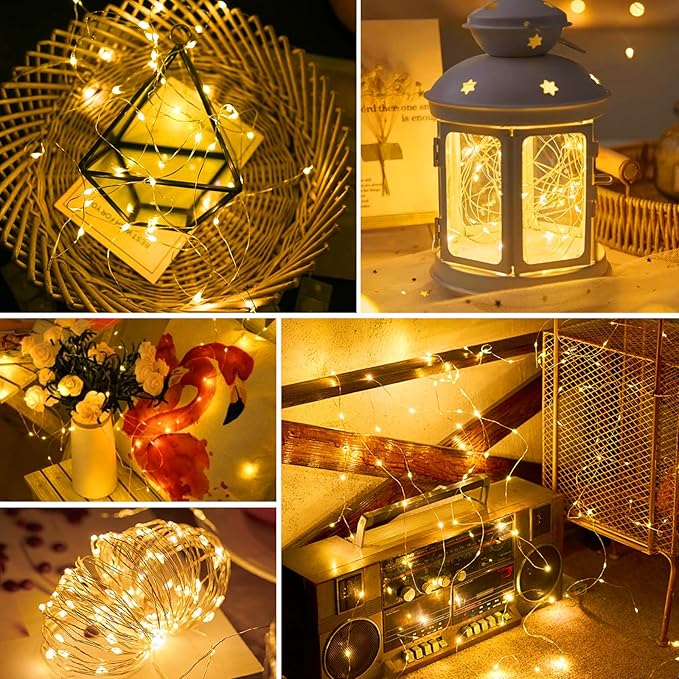 pozzolanas 50 Pack Warm White Fairy Lights Battery Operated 3 Modes 7FT 20 LED Waterproof String Lights Twinkle Silver Wire for Mason Jars Wedding Christmas Halloween Party Decor (50, Warm White)