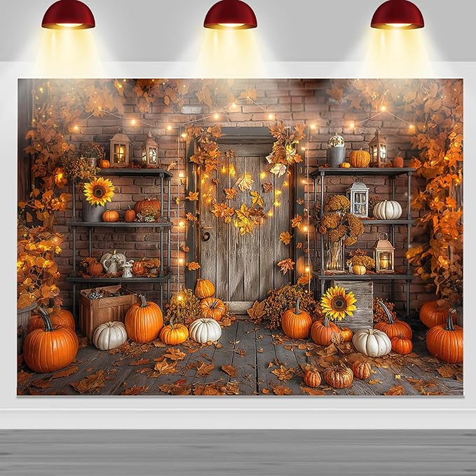 Mocsicka Fall Pumpkin Photography Backdrop Autumn Harvest Barn Background Party Decorations Maple Leaves Rustic Wooden Door Photo Booth Props (Orange, 6x4ft(72"x48"))