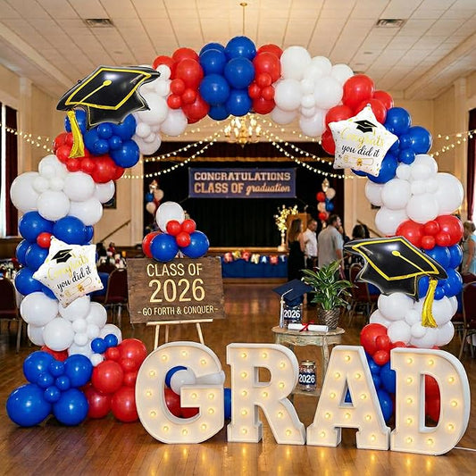 130PCS 2026 Blue White Red Graduation Balloon Arch Kit Garland Decoration with Graduation Cap Star Foil Balloons for Class of 2026 Grad Party Backdrop Decor