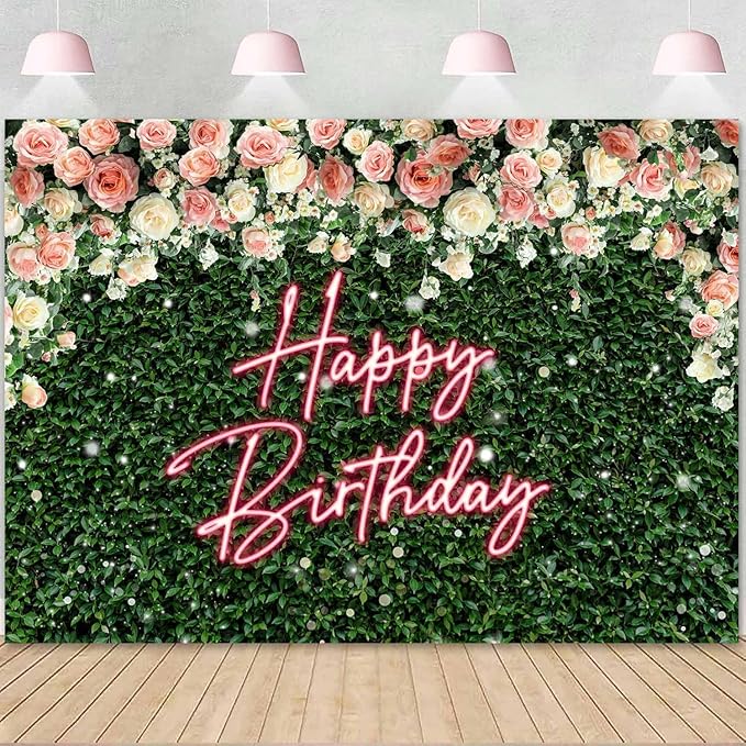 Sensfun Green Leaves Happy Birthday Backdrop for Women Greenery Grass Pink Neon Flower Wall Birthday Party Decorations Girls Rose Floral Blossom Bday Photography Background Photo Studio Shoot 8x6ft