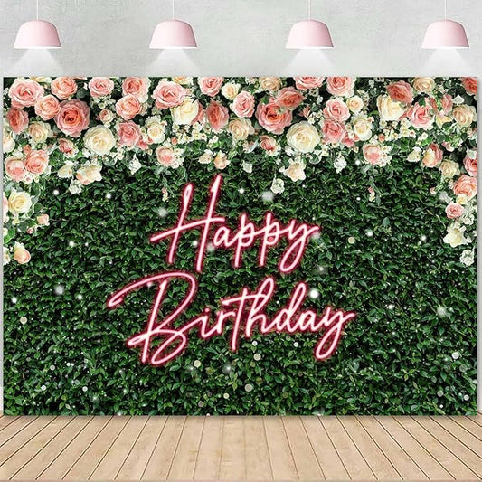 Sensfun Green Leaves Happy Birthday Backdrop for Women Greenery Grass Pink Neon Flower Wall Birthday Party Decorations Girls Rose Floral Blossom Bday Photography Background Photo Studio Shoot 8x6ft