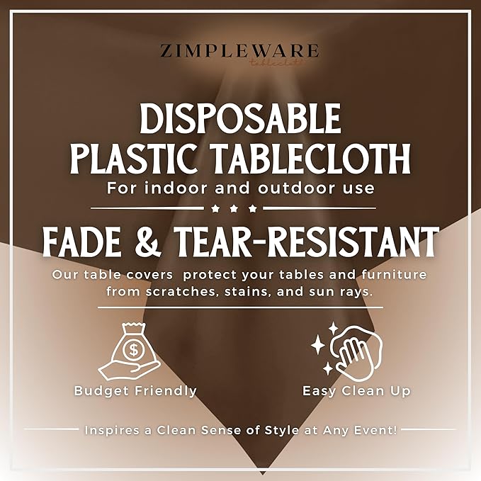 ZIMPLEWARE Premium Brown Plastic Table Cloth Disposable (12 Pk) Plastic Tablecloths for Rectangle Tables (54in x 108in) Party Table Cloths Disposable for 6ft to 8ft Rectangle Tables