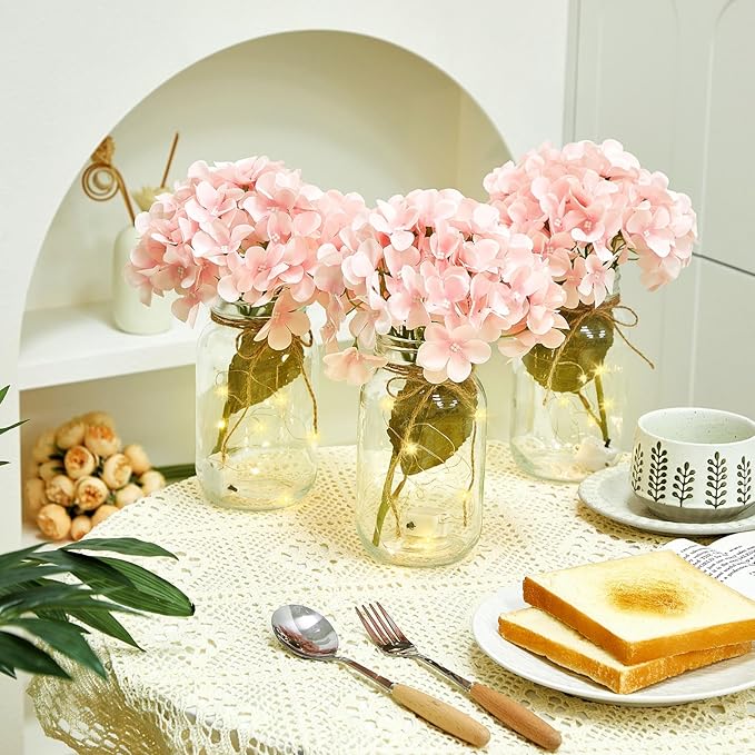 4 Sets Mason Jar Centerpiece with LED Lights and Pink Hydrangea Fake Flowers Vase for Wedding Bridal Shower Party Coffee Table Decor