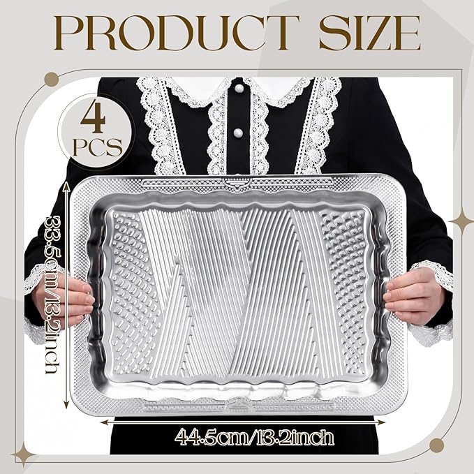 4 Pack 17.5" x 13.6" Large Silver Serving Trays for Dessert Table Stainless Steel Platters Floral Engraved Mirror Serving Platters for Wedding, Desserts, Party Food Display (Retro)