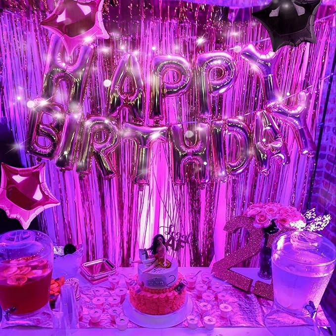 CANREVEL Happy Birthday Banner 13pcs 16 Inch Mylar Foil Letters Sign Balloons with LED Lights Birthday Party Decorations for Kids and Adults - 3D Hot Pink
