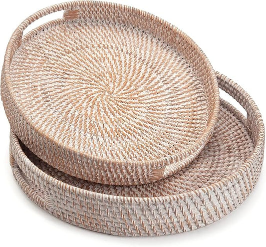 2 Pack Round Rattan Tray, Hand Woven Serving Tray with Handles, Wicker Serving Basket, Decorative Tray for Home Decor, Whitewash (11.8 + 14 inch)