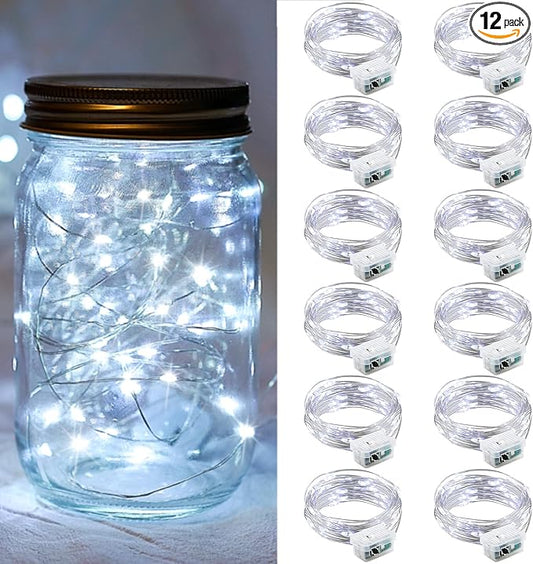 12 Pack Fairy Lights 7Ft 20 LED Twinkle String Lights 3 Modes Battery Operated Waterproof Firefly Starry for Mason Jar Wedding Bedroom Patio Christmas Valentines Day Table Centerpieces,White