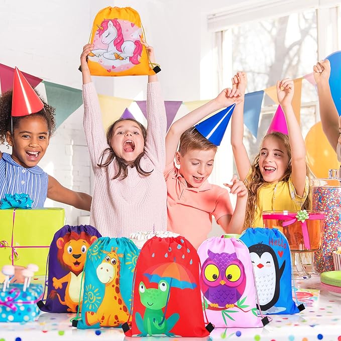 GliCraft 16 Pcs Animal Drawstring Gift Bags for Kids Cartoon Animal String Backpack Party Favor Bags for Halloween Birthday Holiday Baby Shower Supplies