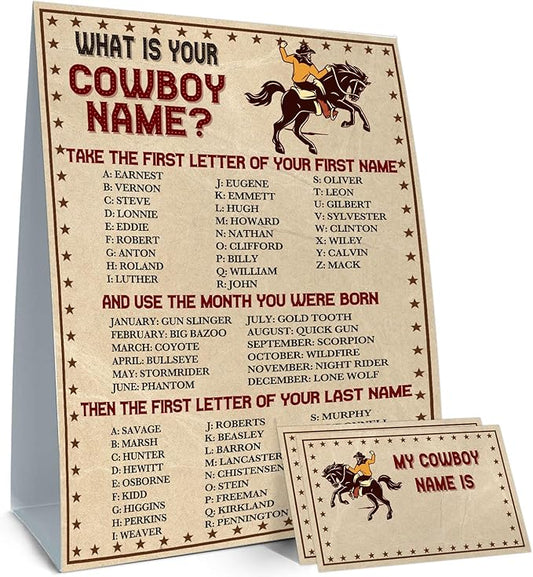 Western Cowboy Party Favors for Birthday Party Decorations, What's Your Cowboy Name Game, 1 Game Sign and 30 Name Stickers, Birthday Games for Party, Birthday Party Activity, Fun for Adults Games