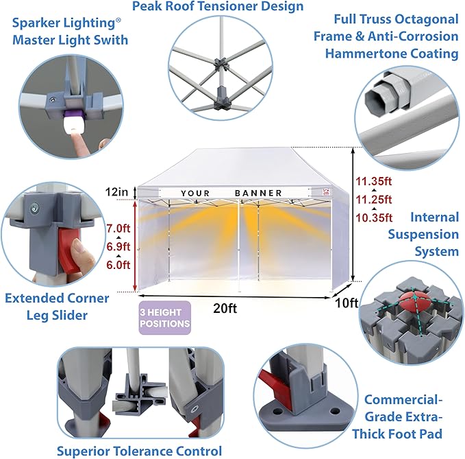 Tradesparker Pop Up Tent,Commercial Movable Canopy with ApexCore LED&Rugged Casters-Instant Easy Setup Shelter Canopies with Weight Bags&Stakes for Outdoor Events(10x20, with 4 Sidewalls, Red)