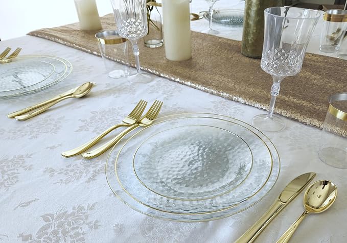 " OCCASIONS " 100 Plates Pack (50 Guests) Wedding Party Disposable Plastic Plate Set -50 x 10'' Dinner + 50 x 7'' Salad/dessert plates (Coastal Clear & Gold)