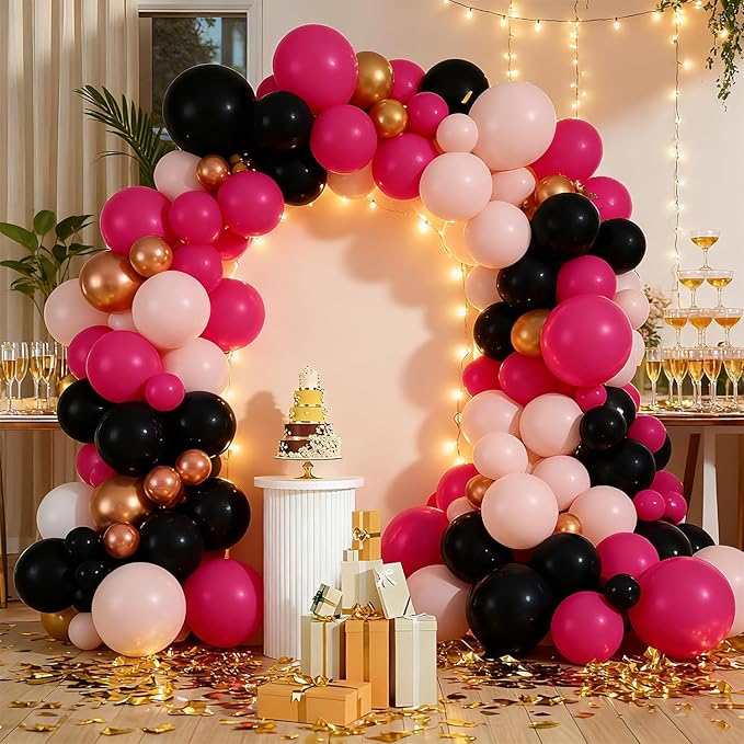 Hot Pink and Black Balloon Garland Arch Kit, 127pcs Latex Balloons for Sweet 16 Bachelorette Bridal Shower Coquette Birthday Party Decorations for Women and Girls