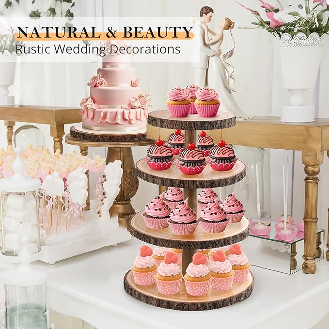 GrnVibe Cupcake Stand Wood Dessert Stands 4 Tier Cupcake Tower Large Cupcake Display Stand Rustic Cupcake Tier Stand for Woodland Baby Shower Decorations/Wedding/Birthday/Party/Farmhouse Decor