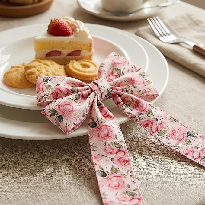 Spring Pink Floral Wired Ribbon, Rose Pattern Decorative Fabric Ribbon with Leaves for DIY Crafts Gift Wrapping Spring Summer Wedding Party Decor, 4 Rolls, 20Yards (Pink)