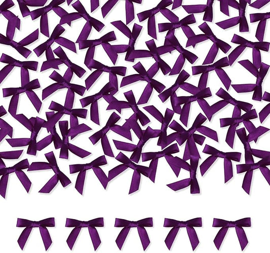 Meseey 100 Pcs 1.5 Inches Premade Craft Bows Self Adhesive Violet Purple Satin Ribbon Bows for Treat Bags Gift Wrapping Basket Wedding Baby Shower Brithday Party(Violet)