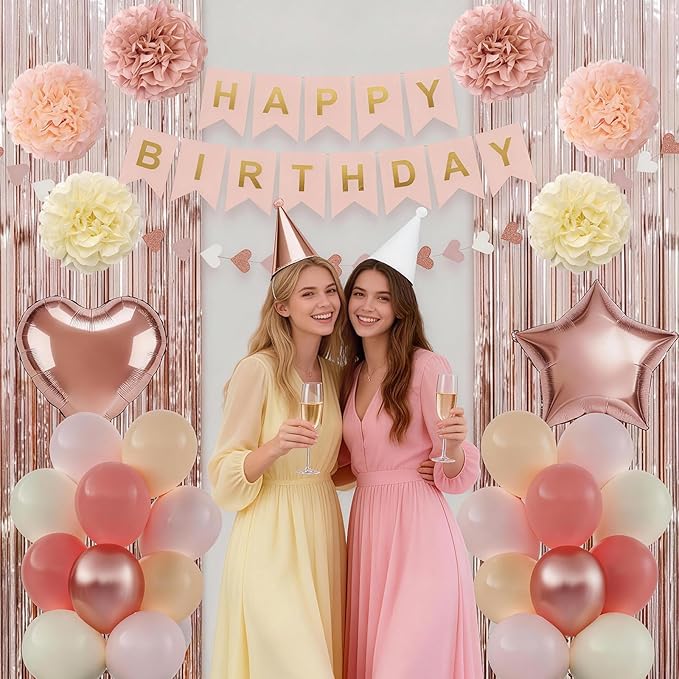 Boho Dusty Pink Birthday Decorations for Women, Happy Birthday Party Decorations, Happy Birthday Banner, Retro Pink Nude Ivory White Sand Balloons, Paper Pompoms, Heart Garland, Party Decor for Girls