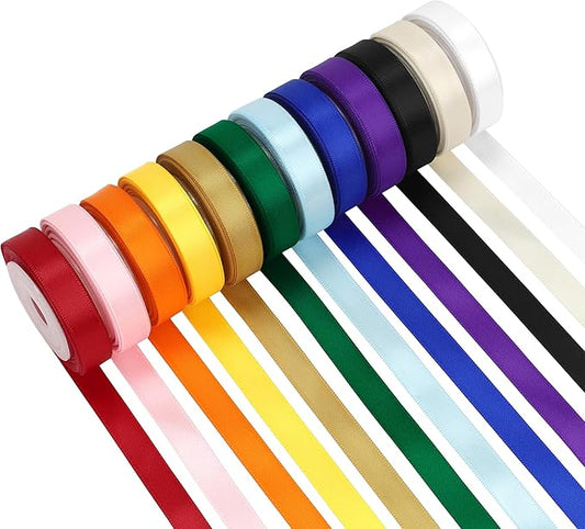 Double-Faced Rainbow Satin Ribbon Set – 12 Colors, 3/8 Inch x 5 Yards Rolls, 60 Yards Total Colorful Ribbons for Gift Wrapping, Hair Bows, Valentines Day, Wedding & Party Decoration, DIY Crafts