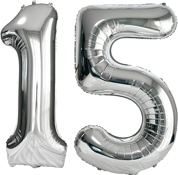 FIROMI 15 Number Balloons Silver Big Giant Jumbo Huge Foil Mylar 15 Balloon Numbers for 15th Birthday Party Anniversary Events Decorations 40-inches