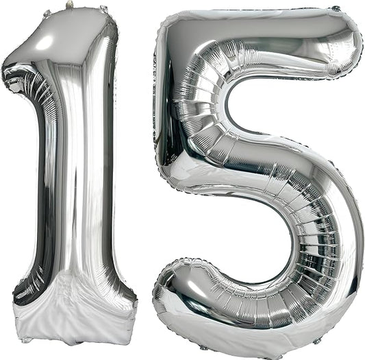 FIROMI 15 Number Balloons Silver Big Giant Jumbo Huge Foil Mylar 15 Balloon Numbers for 15th Birthday Party Anniversary Events Decorations 40-inches